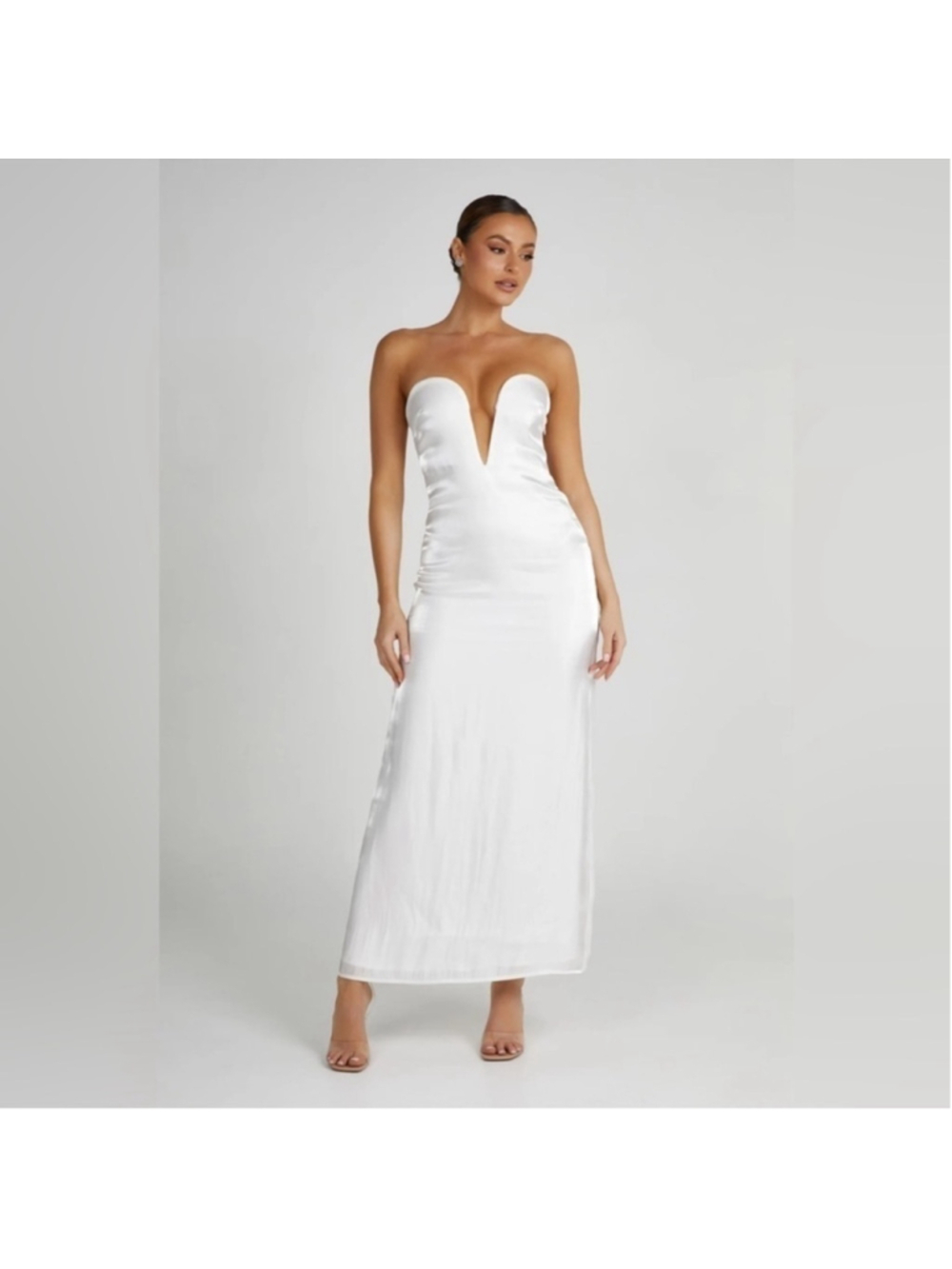 Meshki White Chantelle Strapless Plunge Satin Midi Dress